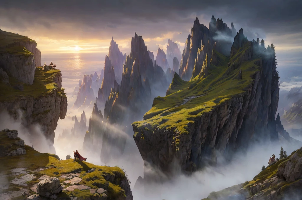 A detailed fantasy landscape, enchanted forests, majestic mountains, inspiré de Tolkien, à la manière de John Howe, digital painting, hyperrealistic, 8k, highly detailed, volumetric lighting, dramatic lighting, vibrant colors, lush vegetation, towering peaks, mystical atmosphere, cinematic composition, epic scale, intricate details, fantastical elements, photorealistic, masterpiece, forteresse perchée