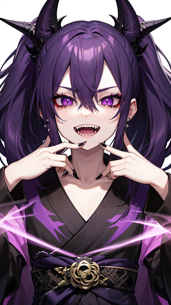 Purple hair boy, dark nails, dark kimono, dark earrings, purple eyes, small square lenses, thunder tattoo on neck, Normal teeth but long canine teeth and a crazy psychopathic look.