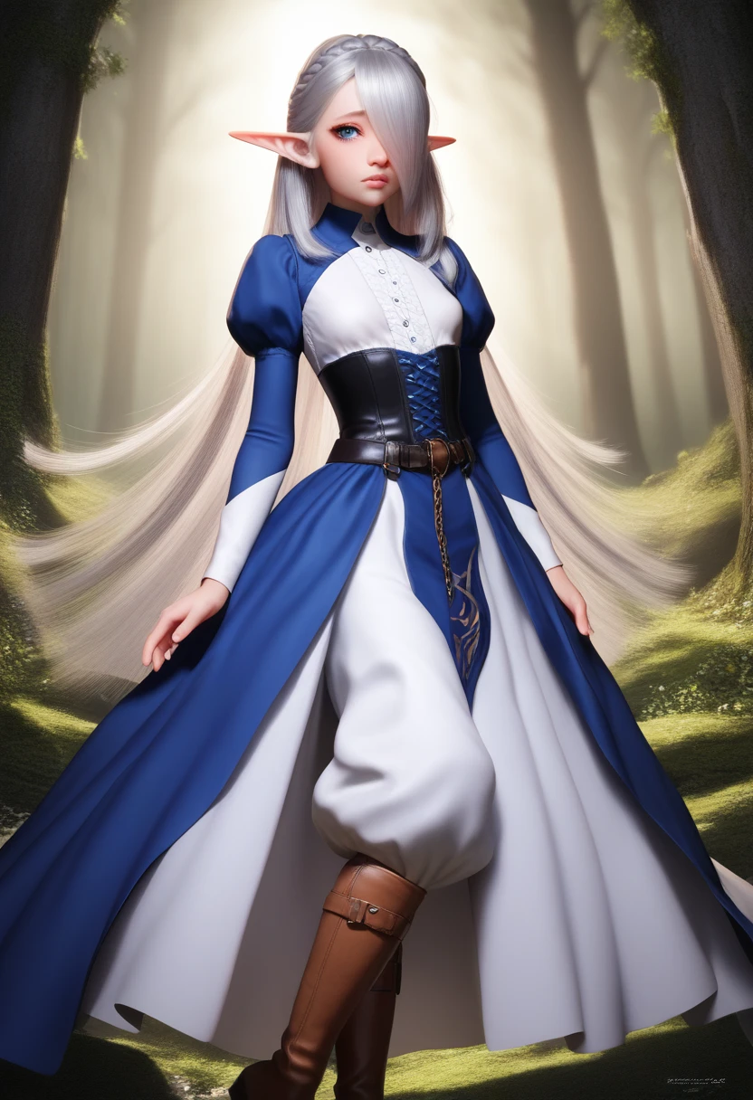 a detailed gnome girl with pale skin, short stature, and very long silver hair that curls at the ends, covering one eye, with small breasts, pouty lips, and bright blue anime-style eyes with long lashes, wearing a corset, white puffy long sleeved shirt, and puffy cloth pants, leather bound boots, set in a windy fantasy landscape, (best quality,4k,8k,highres,masterpiece:1.2),ultra-detailed, dungeons and dragons, long elf ears, small girl, detailed skin and cloth textures, cute detailed face, intricate details, extremely detailed, 1girl, dynamic pose with hair covering one eye, shy personality, cloth pants with leather belt, detailed buccaneer outfit