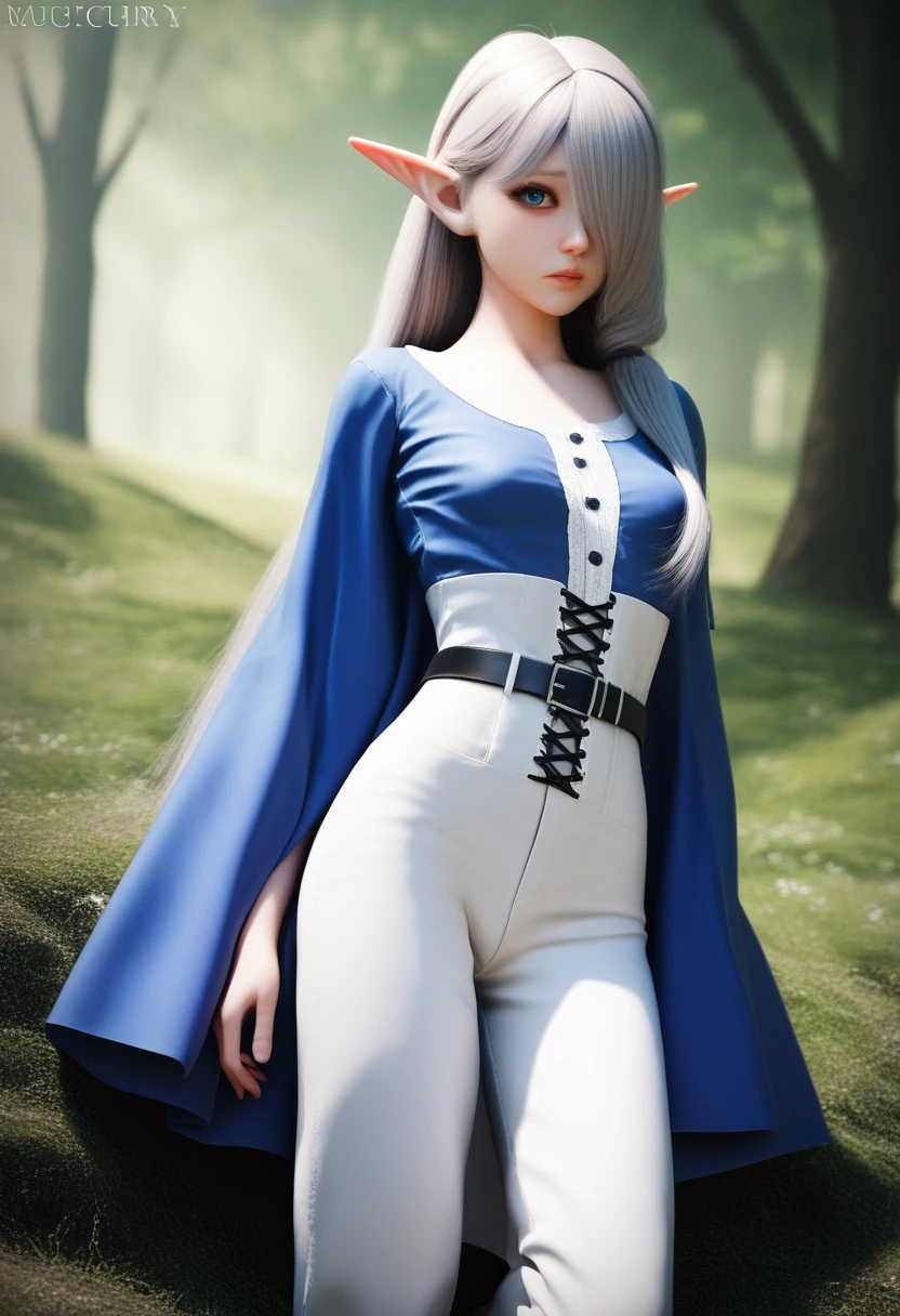 a detailed gnome girl with pale skin, short stature, and very long silver hair that curls at the ends, covering one eye, with small breasts, pouty lips, and bright blue anime-style eyes with long lashes, wearing a corset, white puffy long sleeved shirt, and puffy cloth pants, leather bound boots, set in a windy fantasy landscape, (best quality,4k,8k,highres,masterpiece:1.2),ultra-detailed, dungeons and dragons, long elf ears, small girl, detailed skin and cloth textures, cute detailed face, intricate details, extremely detailed, 1girl, dynamic pose with hair covering one eye, shy personality, cloth pants with leather belt, detailed buccaneer outfit