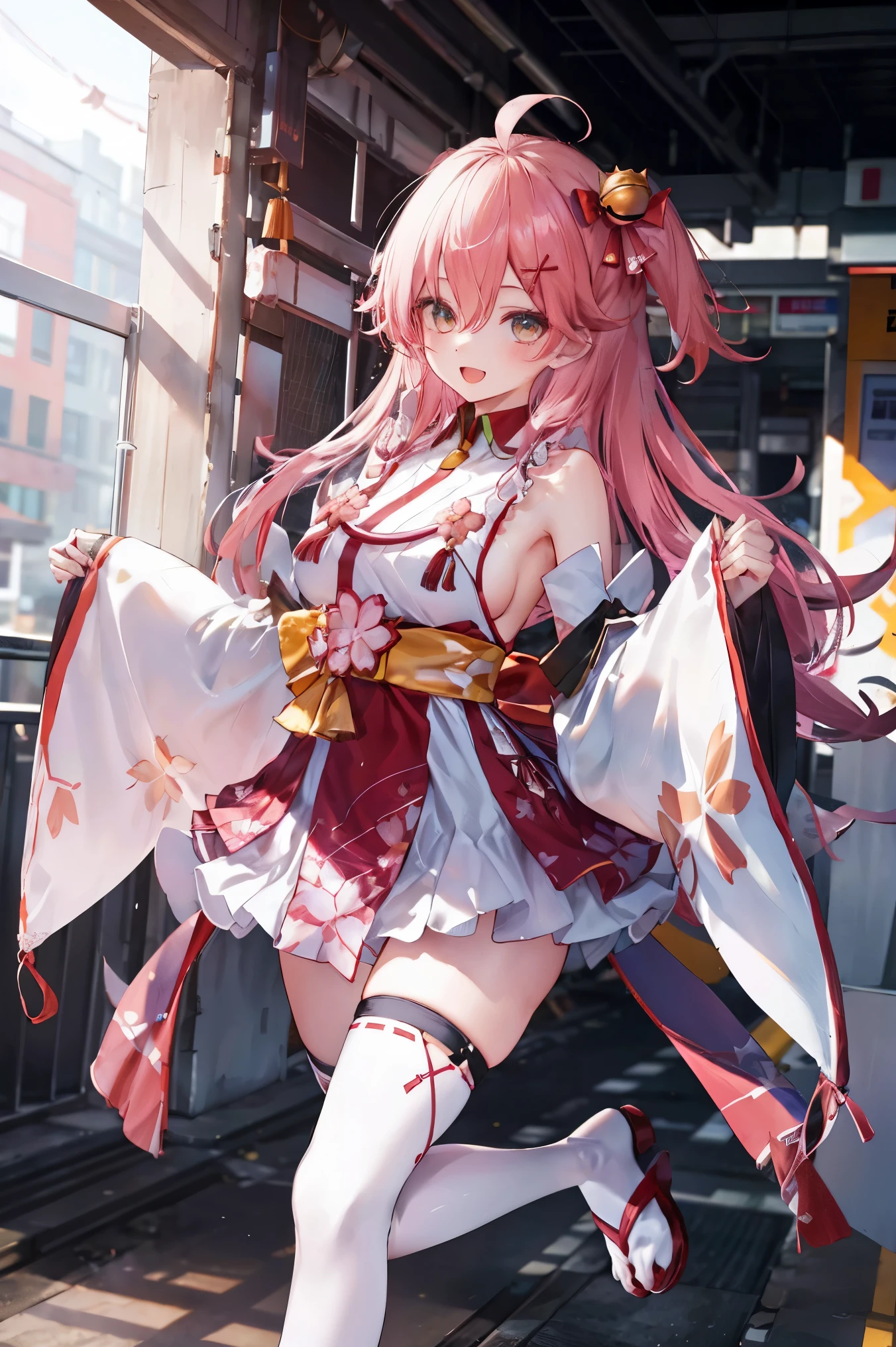 masterpiece, best quality, highres, miko1, sakura_miko, 1girl, big_boobs, solo, ahoge, x_hair_ornament, pink_hair, floral print, hairclip,(side_less_clothes:1.5), (side_boobs:1.5), hair_bell, floral print, long_hair, hair between eyes, one side up, white thighhighs, asymmetrical legwear, wide sleeves, open_mouth,(happy:1.3),gleen_eyes,big_smile,(rise_leg:1.3),plump,apart_legs,(overly_long_sleeves:1.3),),sleeves_past_wrists,hands_hidden_sleeves,sidelock_clothes,dynamic_posing,solo,hidden_wrists,(XD:1.4),covered_nipples,sunlight,cherryblossom_background,