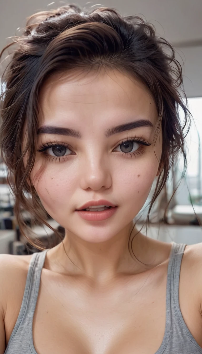 a girl take a selfie with a thin shirt , HIGHRES, clean face, with accurate face, solo, upper body, potrait, close up potrait, portait photo profile picture, REALISTIC , PHOTOREAL, messy hair, open mouth, perfect face, best image, HIGH RESOLUTION