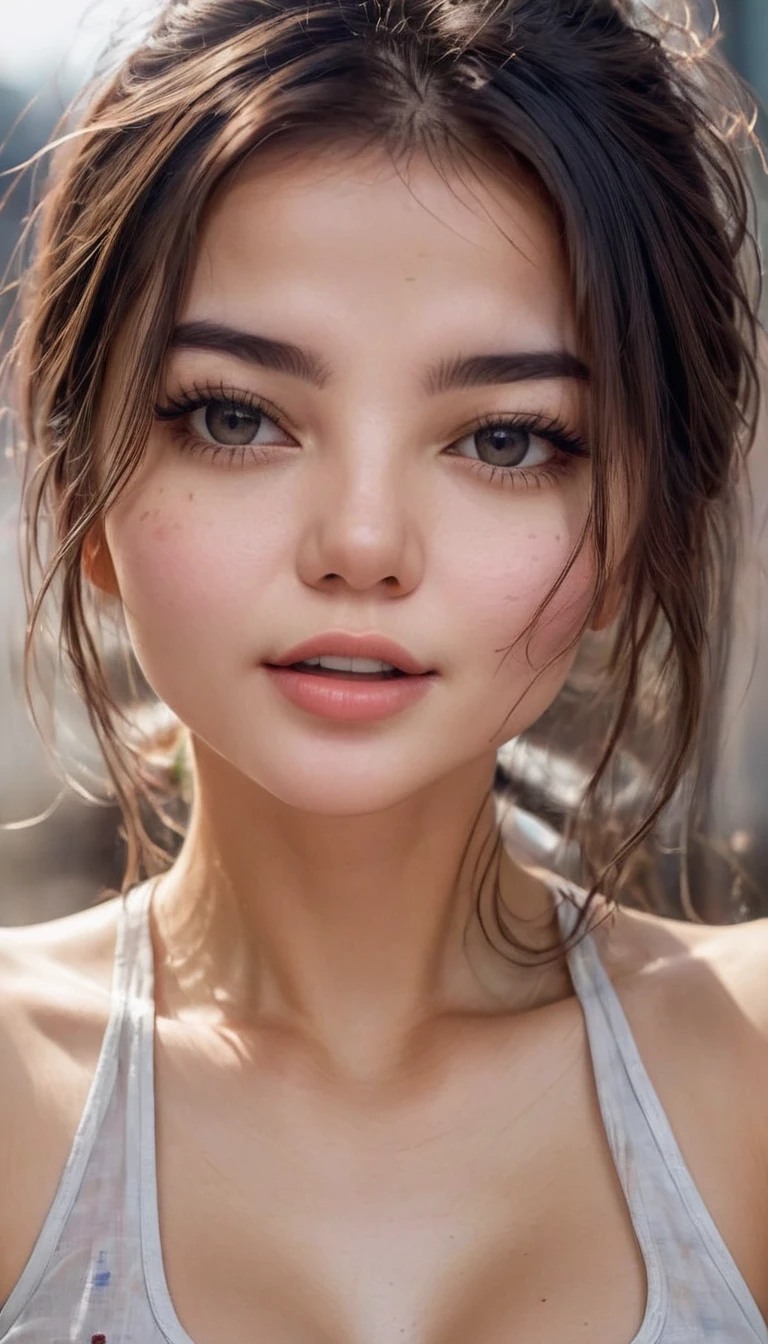 a girl take a selfie with a thin shirt , HIGHRES, clean face, with accurate face, solo, upper body, potrait, close up potrait, portait photo profile picture, REALISTIC , PHOTOREAL, messy hair, open mouth, perfect face, best image, HIGH RESOLUTION