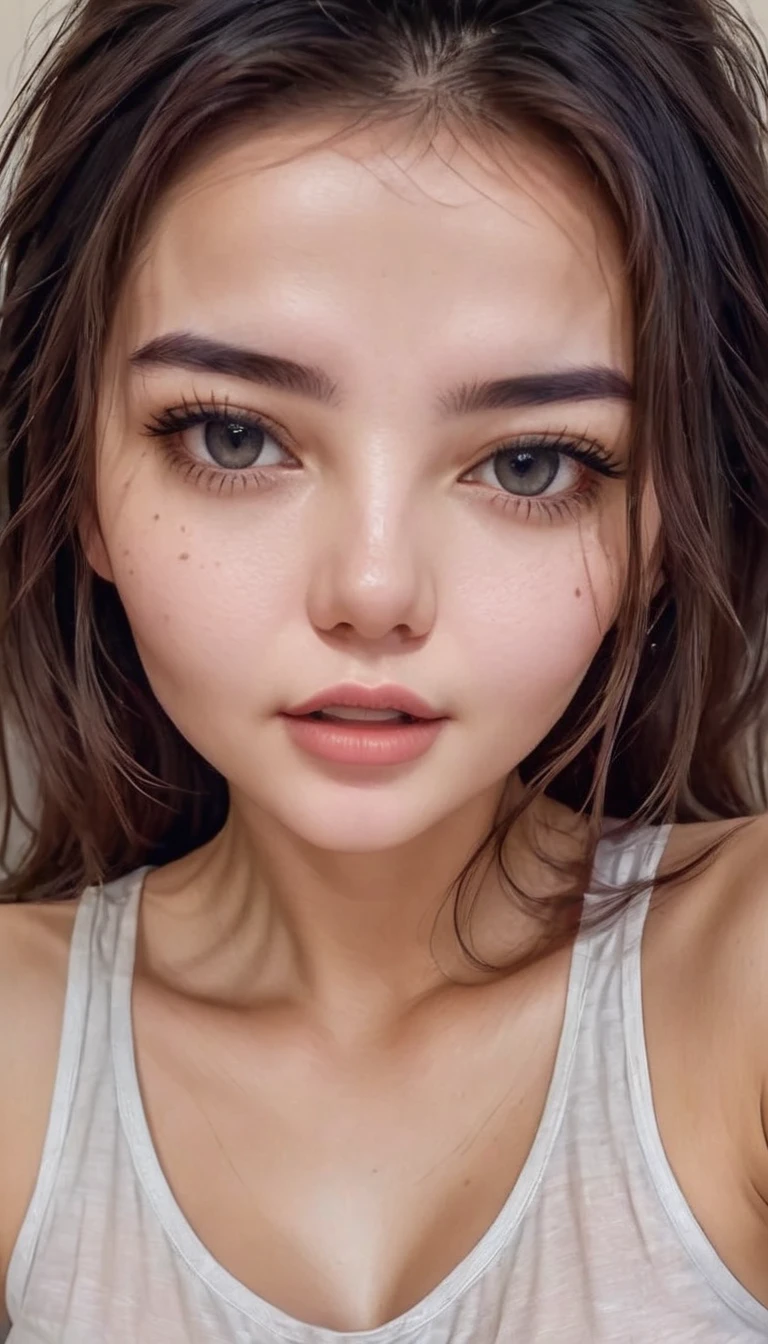 a girl take a selfie with a thin shirt , HIGHRES, clean face, with accurate face, solo, upper body, potrait, close up potrait, portait photo profile picture, REALISTIC , PHOTOREAL, messy hair, open mouth, perfect face, best image, HIGH RESOLUTION