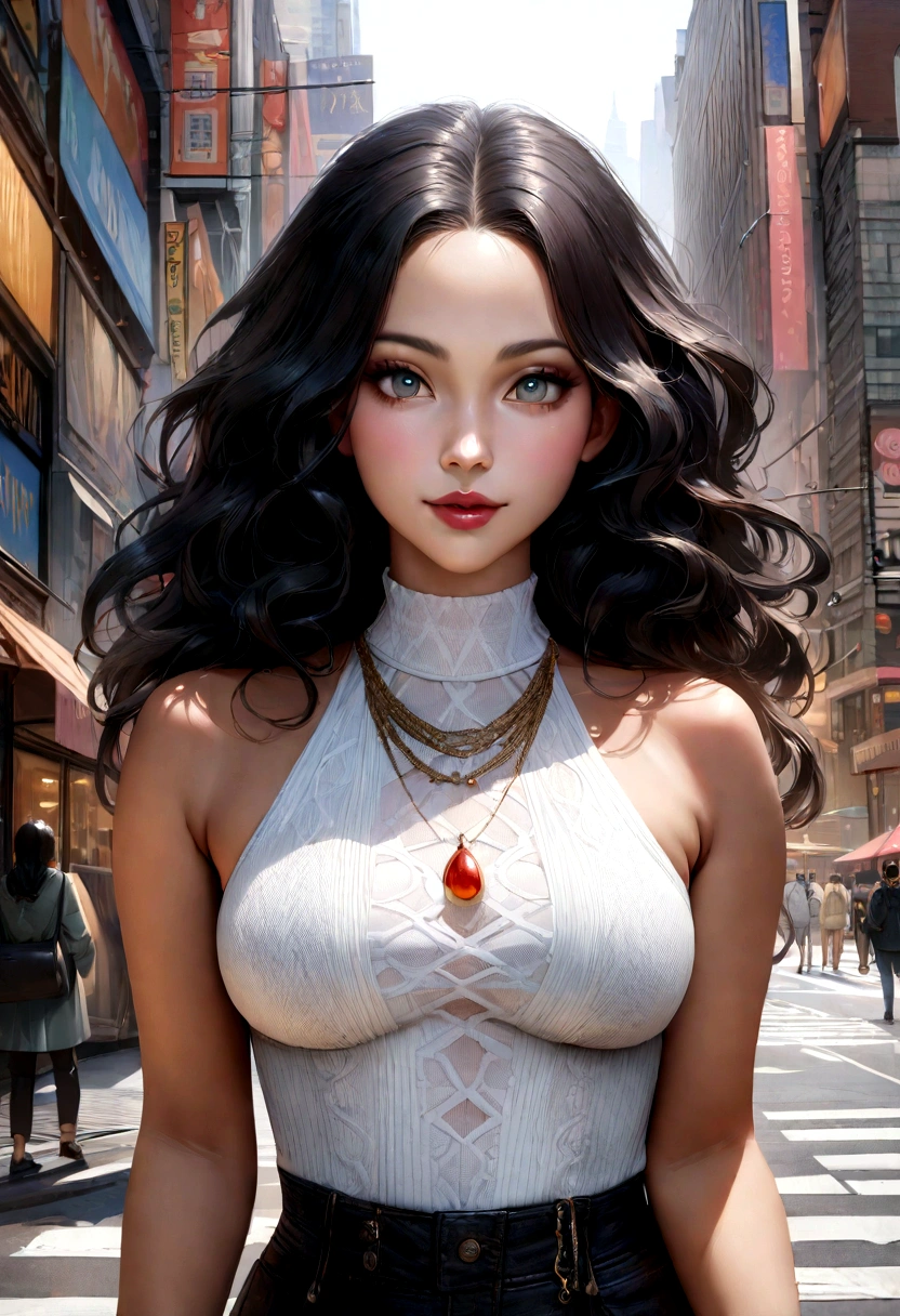 Ultra realistic, 4K, black hairs, (masterpiece, best quality), beautiful african woman who looks like Yababeth, detailed sleeveless turtleneck top, pants, necklace, wavy hair, perfect face, beautiful face, alluring, big gorgeous eyes, happy, hourglass figure (outdoor), city streets, new york, bright colors