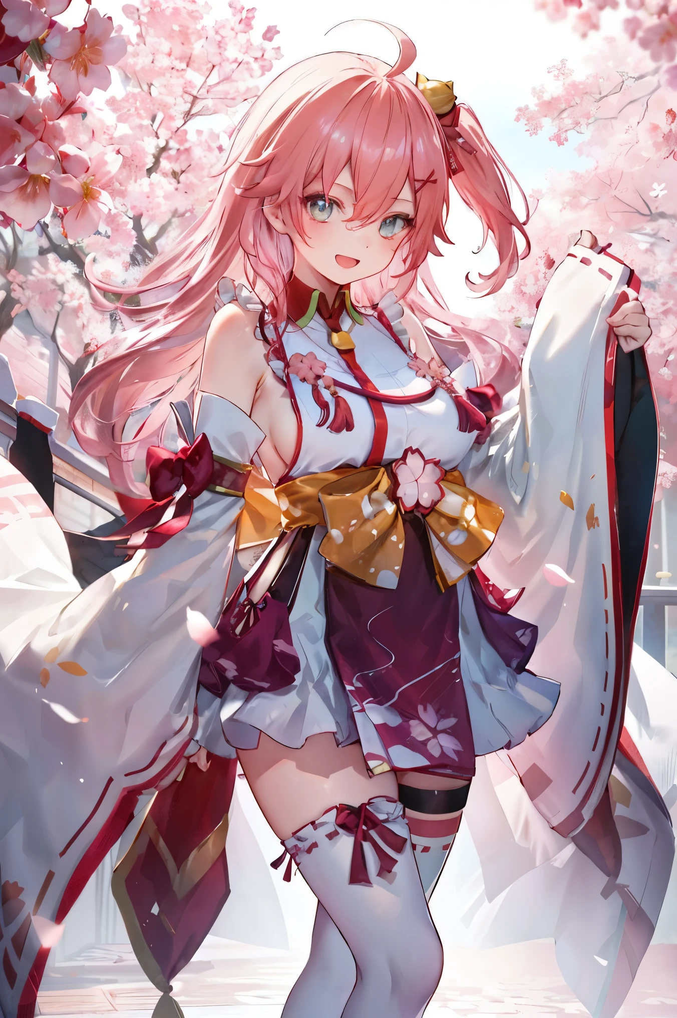 masterpiece, best quality, highres, miko1, sakura_miko, 1girl, big_boobs, solo, ahoge, x_hair_ornament, pink_hair, floral print, hairclip,(side_less_clothes:1.5), (side_boobs:1.5), hair_bell, floral print, long_hair, hair between eyes, one side up, white thighhighs, asymmetrical legwear, wide sleeves, open_mouth,(happy:1.3),gleen_eyes,big_smile,(rise_leg:1.3),plump,apart_legs,(overly_long_sleeves:1.3),),sleeves_past_wrists,hands_hidden_sleeves,sidelock_clothes,dynamic_posing,solo,hidden_wrists,(XD:1.4),covered_nipples,sunlight,cherryblossom_background,