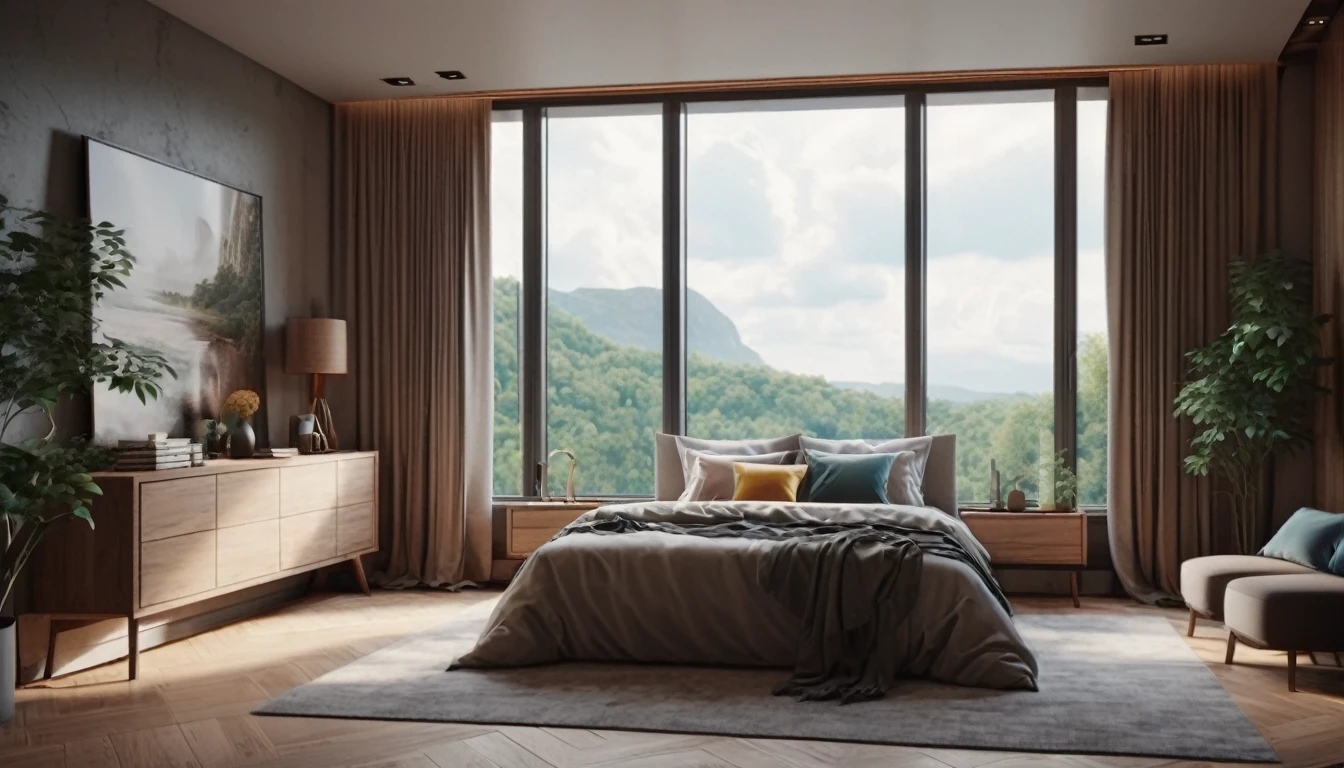Realistic style of a bedroom with large windows, cinematic composition, trending on Artstation.Highest quality,masterpiece
