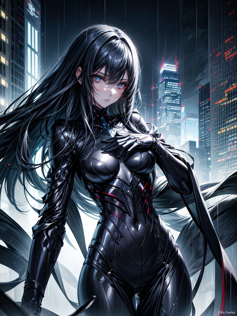 a beautiful anime girl, detailed urban world, tall and slender figure, almost semi-naked, subzero type mask, extremely detailed face and eyes, long eyelashes, soft skin, intricate jewelry, dramatic lighting, neon city lights, skyscrapers, rainy atmosphere, moody color palette, cinematic composition, photorealistic, 8k, masterpiece
