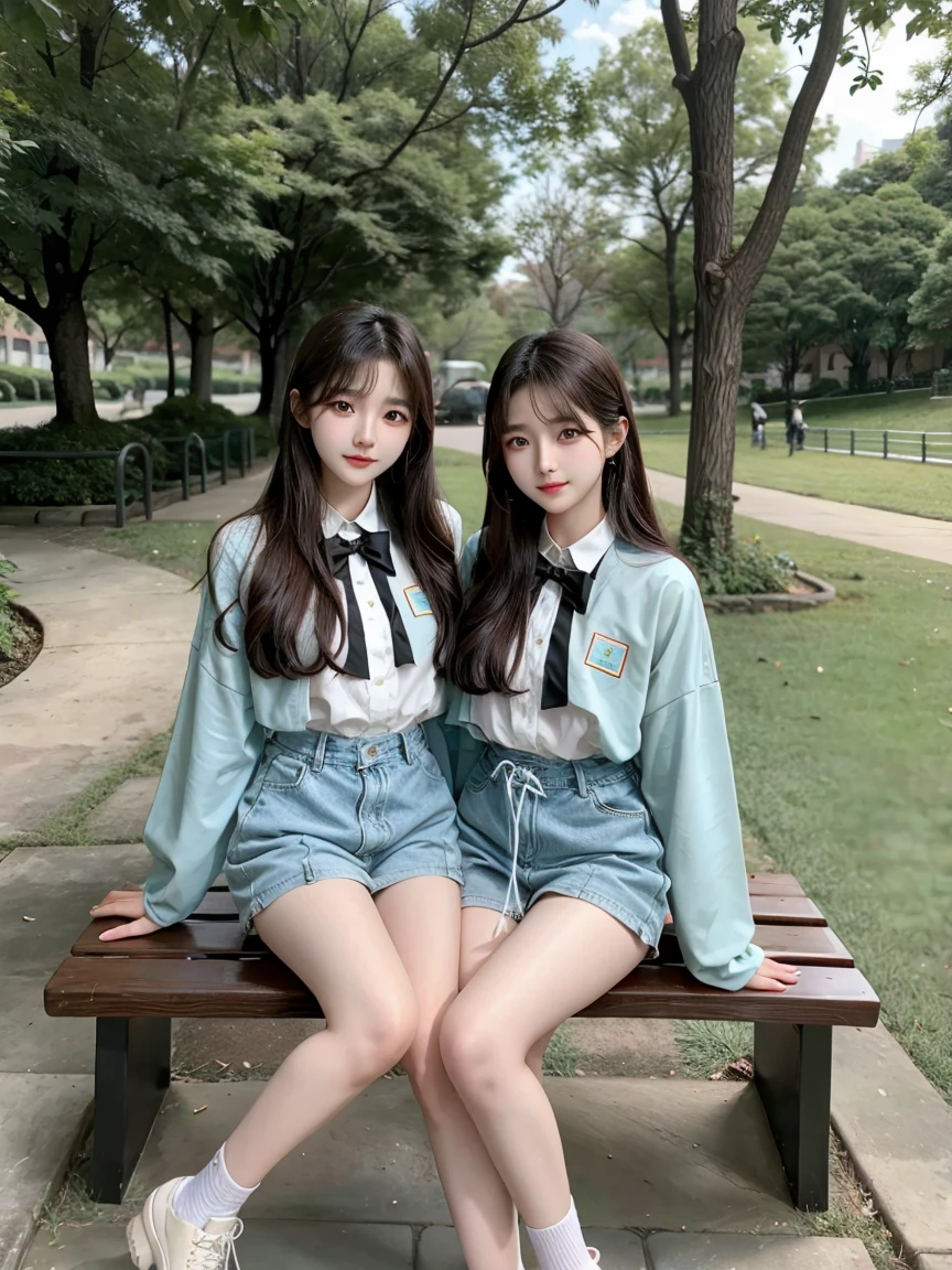 Two women sit on a mushroom-covered bench in the park., beautiful south korean woman, Niksu and Sakimichan, gorgeous young korean woman, Korean girl, Wolop and Sakimi-chan, Jae Yeon Nam, beautiful young korean woman, Asian features, korean woman, Model 5 0 0 pixels, นางแบบแฟชั่นkorean woman, Beautiful sci-fi twins