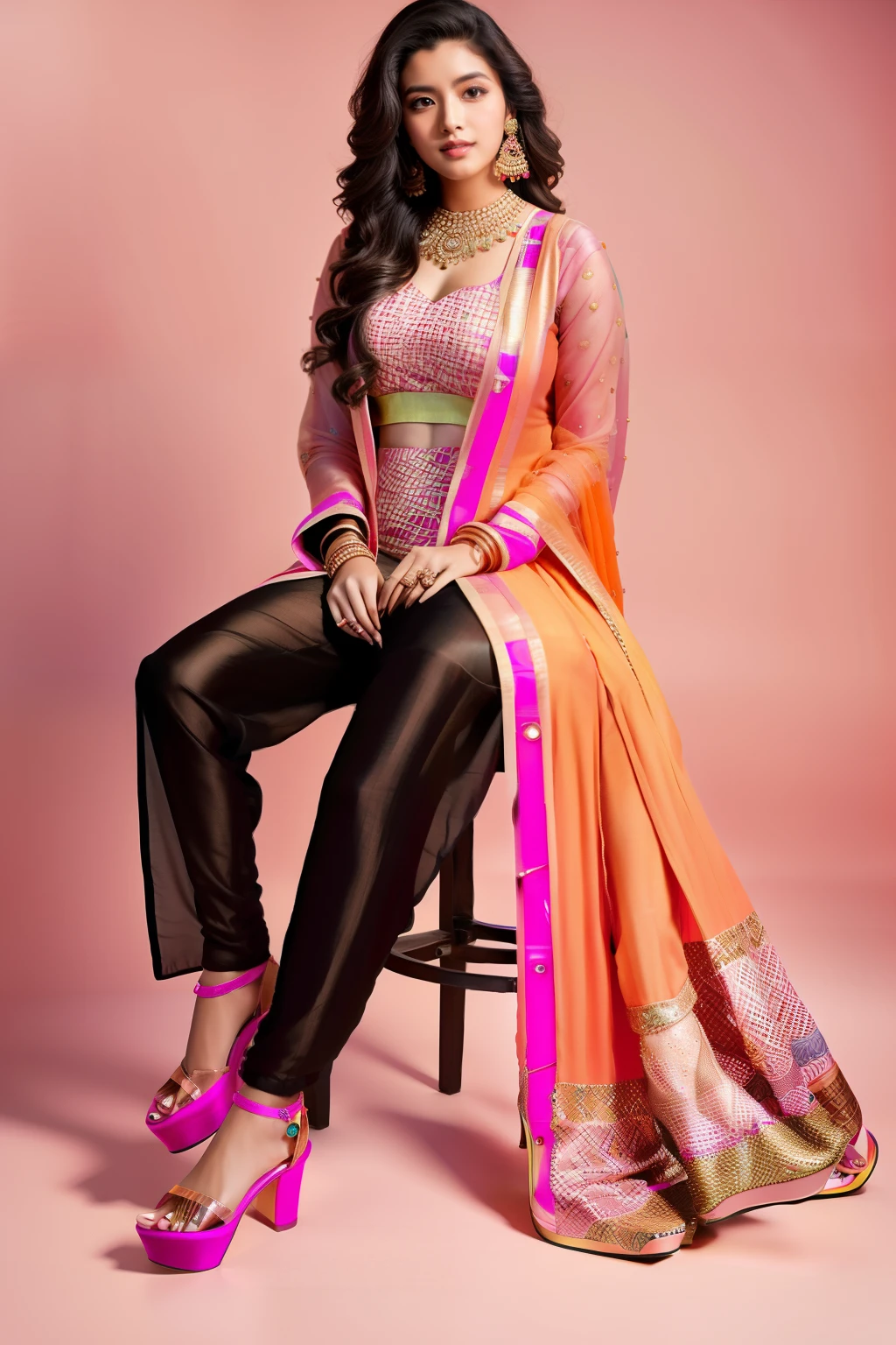 A beautiful 20-year-old indian woman with wavy brown hair, wearing a bold and ((pink orange geometric suit)). Colorful atmosphere, photo studio, artistic,(( black sandal heels)) , sitting on a chair