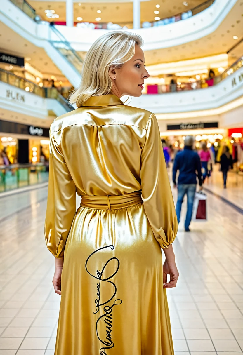 blonde woman, FLORIAN written on her blouse, wide golden dress, shopping mall