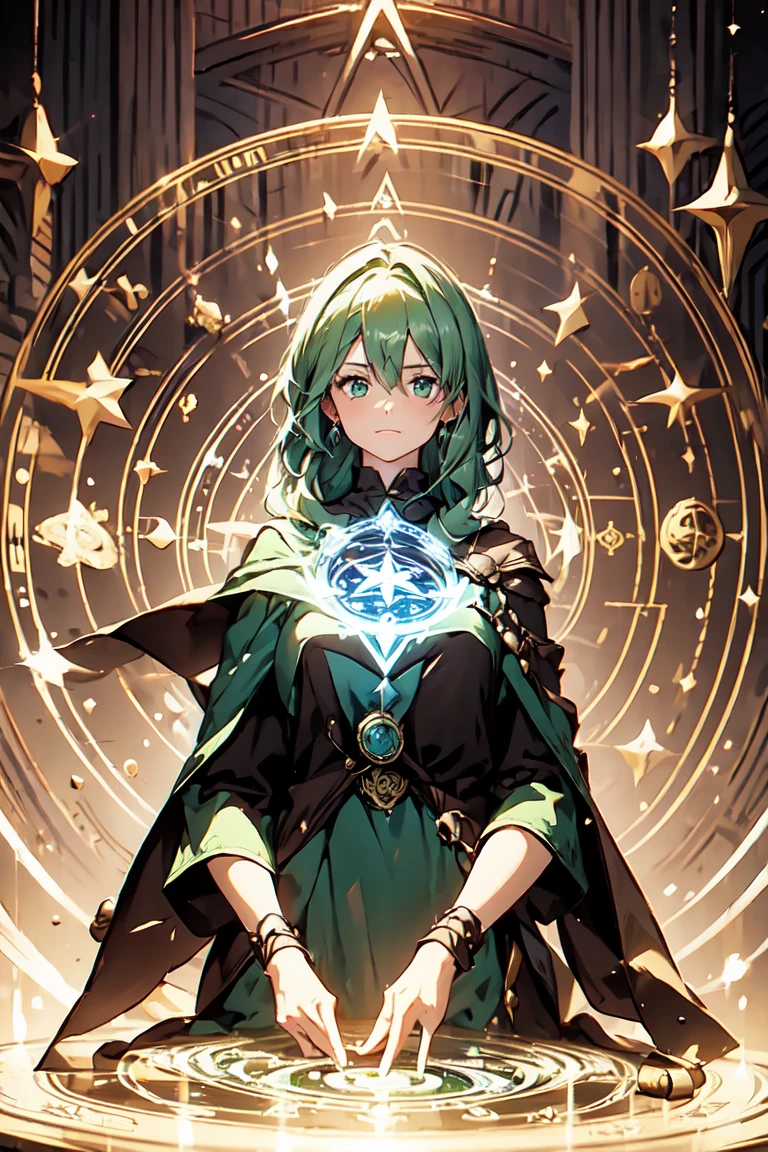 1girl, mage woman, green magic circle, ritual