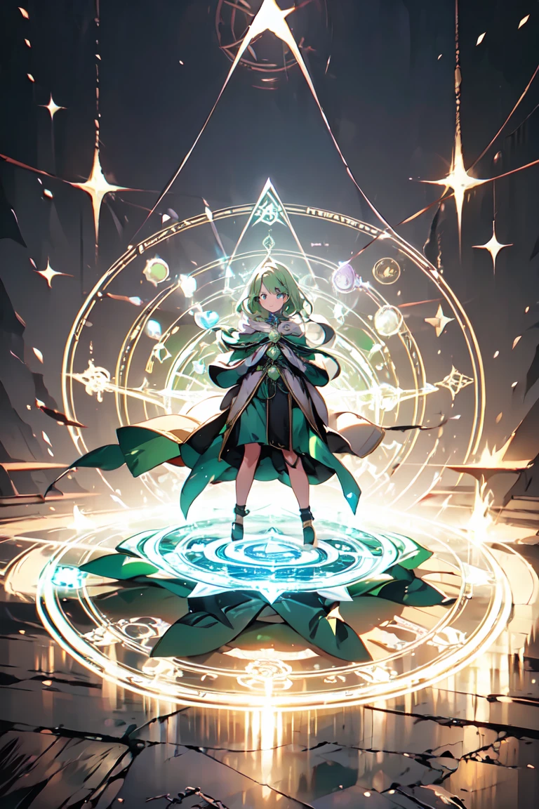 1girl, mage woman, green magic circle, ritual