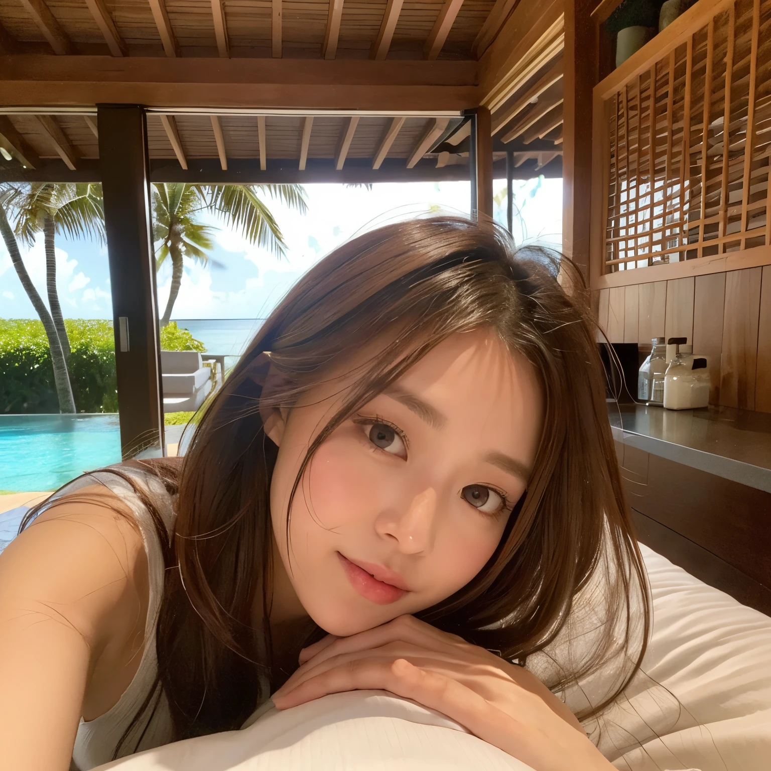 ((Top Quality, 16k, Masterpiece: 1.3)), ((Slender Beauty 1 Person: 1.4)), ((Small Face Model: 1.3, Very Detailed Face and Skin Texture, Detailed Eyes , Double Eyelids, White Skin)), (Brown Hair)), (((woman in white dress posing for photo))), ((big breasts)),, Sharp Focus: 1.1, Looking at the camera, (Soneva Fushi sweetroom bed in the Maldives, sea view: 1.3), mouth slightly open, ((upper body))