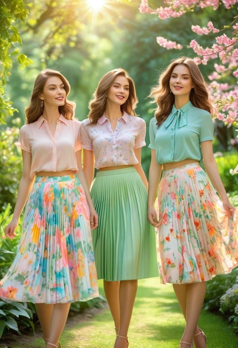 full leght ,A beautiful scene with several models wearing pleated skirts in pastel colors or floral patterns. The skirts are very cheerful and feminine. Each model is wearing a simple blouse or a colorful top that matches the skirts. The scene is set in a spring environment with flowers and lush green trees. The sunlight is gentle, and the atmosphere is full of joy and freshness