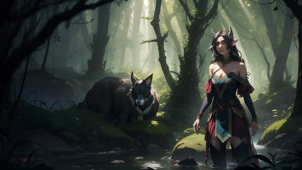 "Elf with a captivating look, unearthly beauty, flowing golden hair, pointed ears, dressed in elaborate elven attire, surrounded by a mystical forest, soft sunlight, breaking through lush greenery."