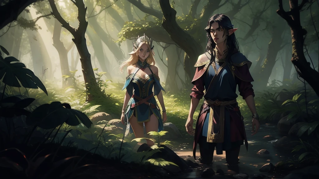 "Elf with a captivating look, unearthly beauty, flowing golden hair, pointed ears, dressed in elaborate elven attire, surrounded by a mystical forest, soft sunlight, breaking through lush greenery."