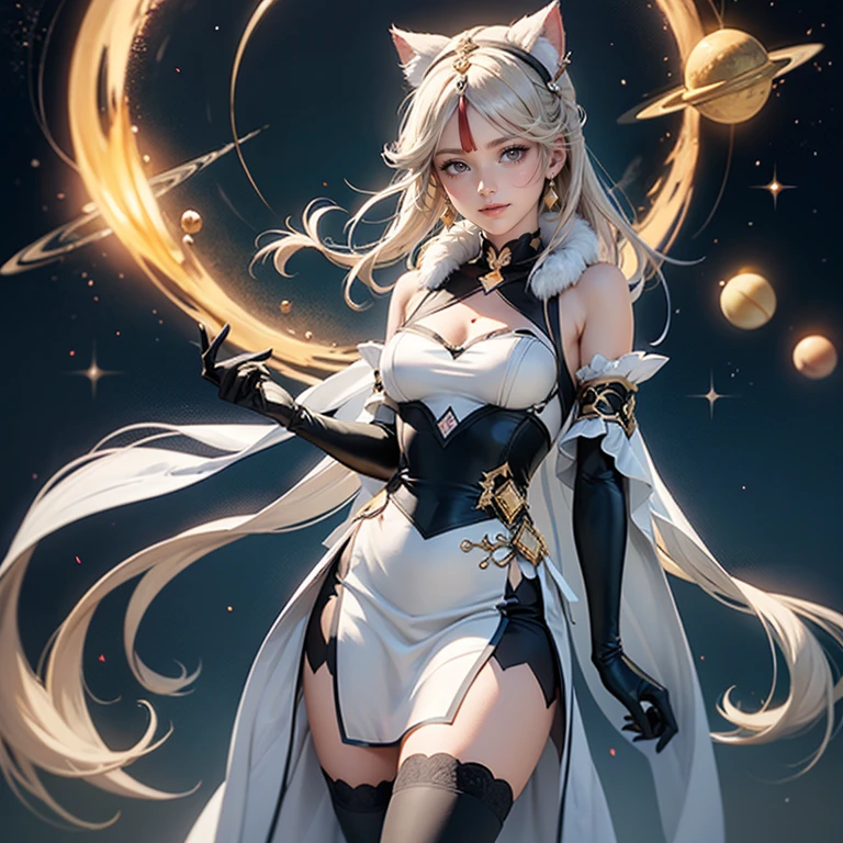 1girl, white maid dress, jewelry, white hair, flowing hair, long hair, chinese maid dress with a short skirt and layers, white laces, black boots, white dress with transparency, gold details on her clothes, cat ears, animal ears, more details, perfectly body, perfectly hands, two hands, two legs, two arms, five fingers, glowing hair, best quality, ornamental hair concubine, black gloves, alone, maid headdress, choker, detached sleeves, chinese maid dress, chinese maid white dress, masterpeice, best quality, detailed face, night, asymmetrical gloves, bangs, white short skirt , black gloves, earrings, elbow gloves, fishnet thighhighs, fishmasterpeice, solo, best quality, detailed face, gloves, glowing eyes, hair between eyes, jewelry, long hair, looking at viewer, single earring, sky, sleeveless, solo, thigh boots, thighhighs, smile, uneven gloves, cat tail, solo, alone, Looking at the viewer, More details on the clothes, red flower on her hair, space scenery, maid, chinese maid dress, black details, red flowers, chinese maid headdress, maid apron, brown hair, long hair, seat on the Saturn rings, red details on her clothes, more details on her clothes, gold details on her clothes, space, smiling, glowing eyes, standing her hand to a viewer, looking at the viewer, in the background a several asteroids glowing with fiery auras, Dramatic lighting from distant stars and planets illuminates the scene, looking at the vast and mysterious universe, cowboy shot, upper body portrait, more details, sparkle,