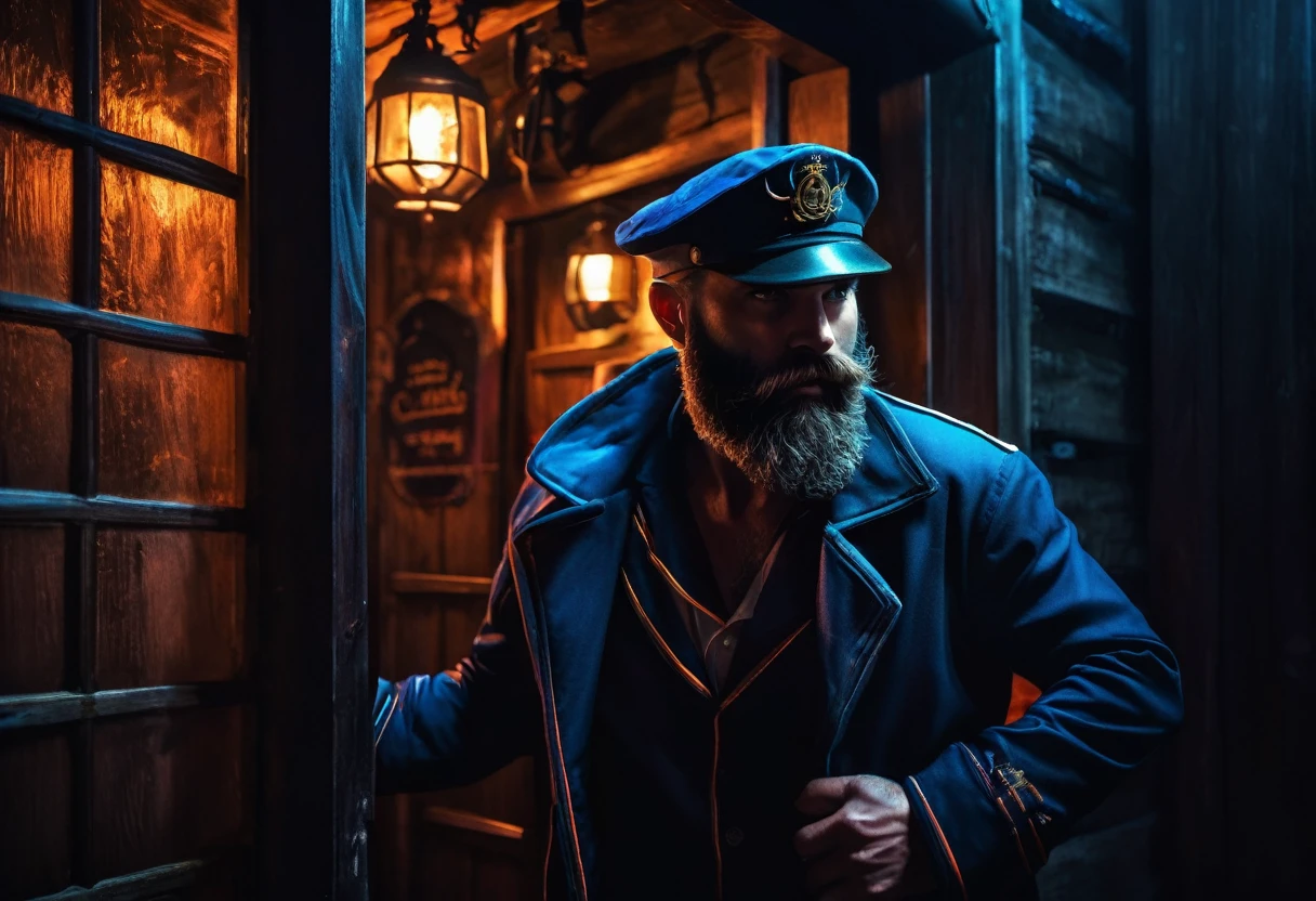 charismatic, sinister bearded sailor, open jacket, looks back, cap in half profile, at night, opens the door to the entrance of a tavern, neon dark art
