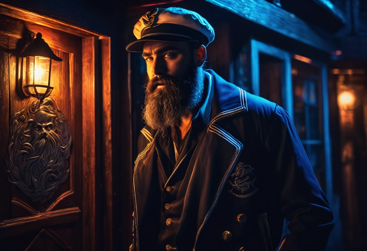 charismatic, sinister bearded sailor, open jacket, looks back, cap in half profile, at night, opens the door to the entrance of a tavern, neon dark art