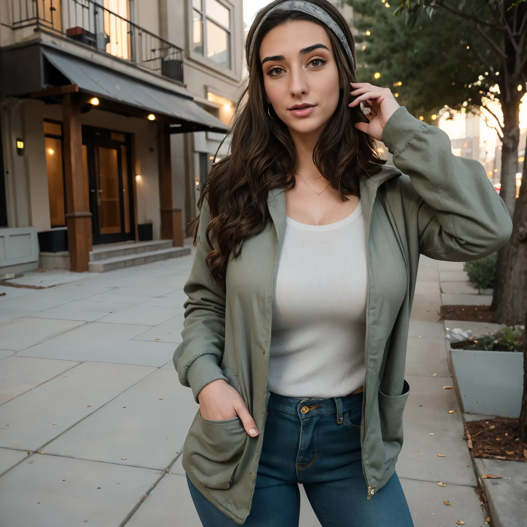Extremely busty thin and toned brunette photographer, college girl, fair skin, loose single side sweep, soft face, athletic, bandana babushka headwrap, tight olive green casual windbreaker, skinny jeans. standing in front of her apartment building, outdoors, city, camera bag, cleavage
