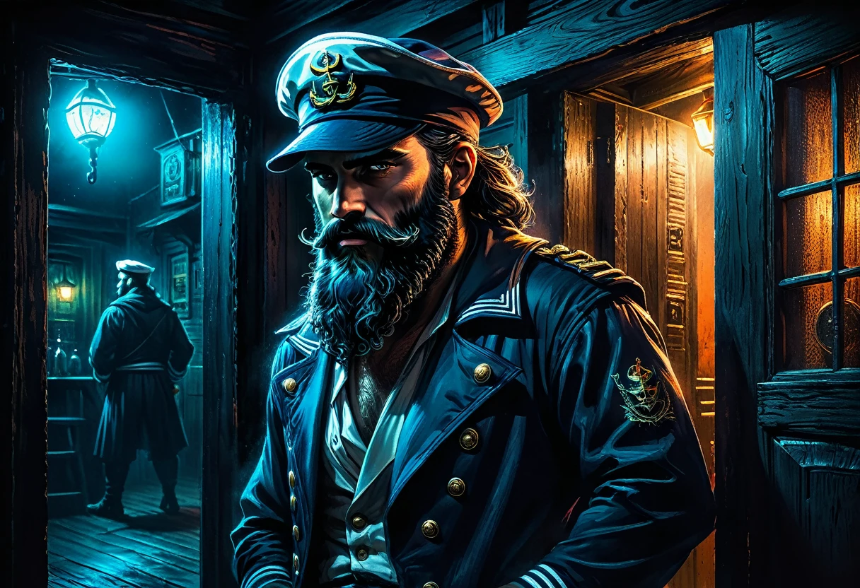 charismatic, sinister bearded sailor, open jacket, looks back, cap in half profile, at night, opens the door to the entrance of a tavern, neon dark art
