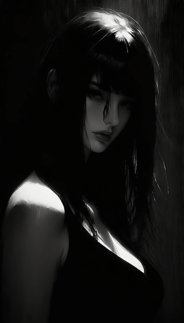 , sexy girl, elegant, Black and white image, chiaroscuro, sensual, dramatic lighting, moody atmosphere, photorealistic, intricate details, masterpiece, ultra-detailed, high quality, 8k, best quality, realistic, cinematic, dark and brooding, expressionistic, powerful composition, emotional impact (art inspired in Bill Sienkiewicz). oil painting)
