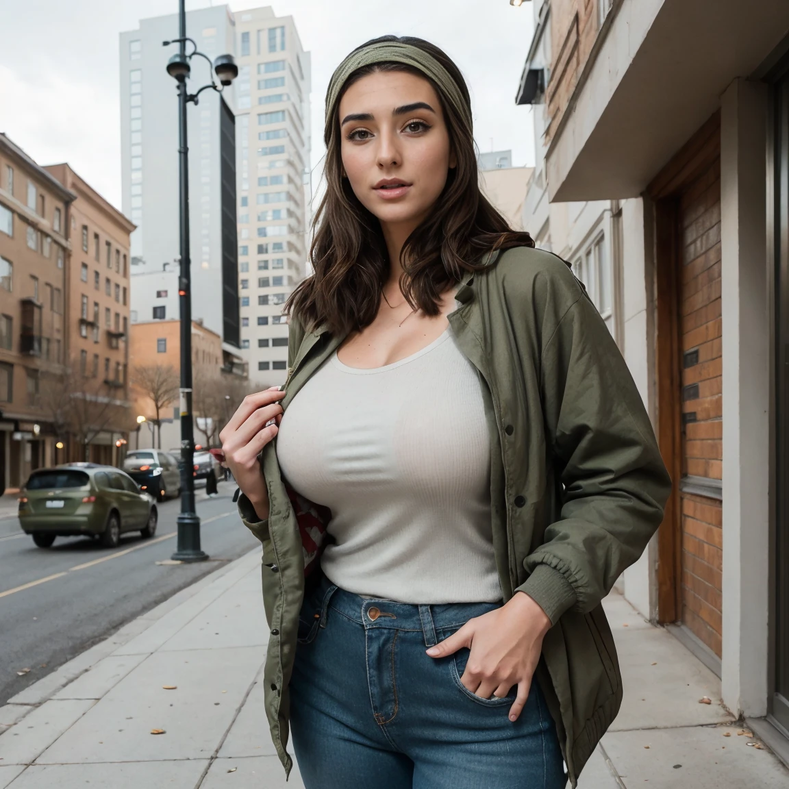 Extremely busty thin and toned brunette photographer, college girl, fair skin, loose single side sweep, soft face, athletic, bandana babushka headwrap, tight olive green casual windbreaker, skinny jeans. standing in front of her apartment building, outdoors, city, camera bag, cleavage
