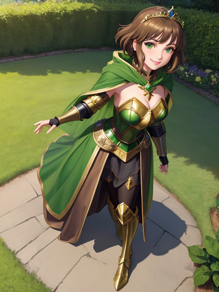 masterpiece, best quality:1.2), 1girl, smile, looking at viewer, green eyes, short brown hair, princess, armor, , pauldrons, armored dress, green cloak cape, wearing puffy blue ballgown skirt, golden tiara with green gem, armored boots, fingerless gloves, standing in medieval garden