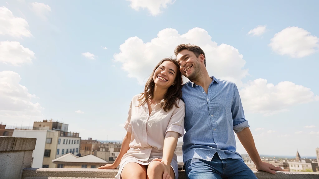 they are sitting on a ledge together and smiling for the camera, smiling couple, happy couple, man, advertising photo, portrait image, mixed art, romantic couple, marketing photo, looking at each other mindlessly, couple, low angle perspective, looking to the sky, man and woman in love, portrait shot, looking off into the distance, looking happy, lovely couple, waering casual shirts