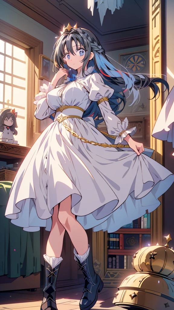 best quality, extremely detailed, anime style adult 1girl, long hair down to the waist, straight hair, ((dark black hair with bluish)),crown braid,beautiful detailed eyes, pinched eyes, dark blue eyes, huge breasts,curvy,(((white main princess colorful dress))),longskirt,Clothing with intricate decorations,feather and colorful accessory,((foppery shoes)),fluttering cloak,animation cap,animated gif,((((castle room))))