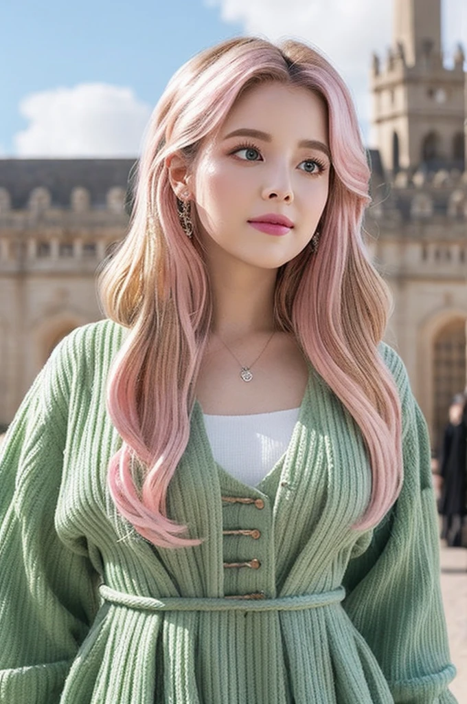Elara is renowned across the empire for her beauty and charm. Her doe-like eyes, porcelain skin, and ((pink wavy hair:1.5)) that resembles clouds make her stand out. She speaks with a small, and charming voice that captivates everyone around her. Her role as the only daughter of a duke gives her a unique standing in the empire, respected yet limited in power compared to the royals. She is a Korean