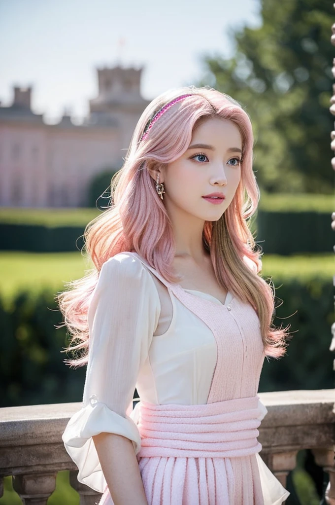 Elara is renowned across the empire for her beauty and charm. Her doe-like eyes, porcelain skin, and ((pink wavy hair:1.5)) that resembles clouds make her stand out. She speaks with a small,  and charming voice that captivates everyone around her. Her role as the only daughter of a duke gives her a unique standing in the empire, respected yet limited in power compared to the royals. She is a Korean