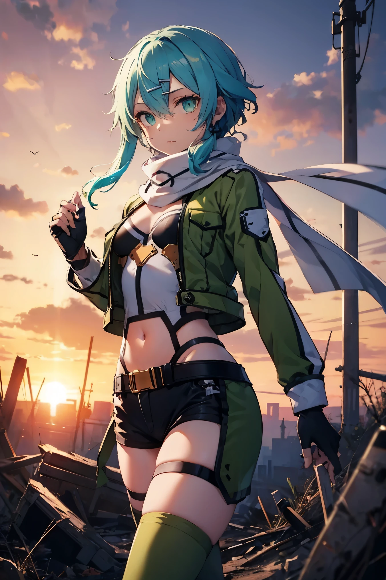 (masterpiece), best quality, expressive eyes, perfect face, highres, sinon1, scarf, fingerless gloves, long sleeves, short shorts,groin, hair ornament, hairclip, green thighhighs, green jacket,covered_nipples, thigh strap, field, sunset_ruins background, ruined structures, dynamic_posing, looking at the viewer, ,covered_navel,