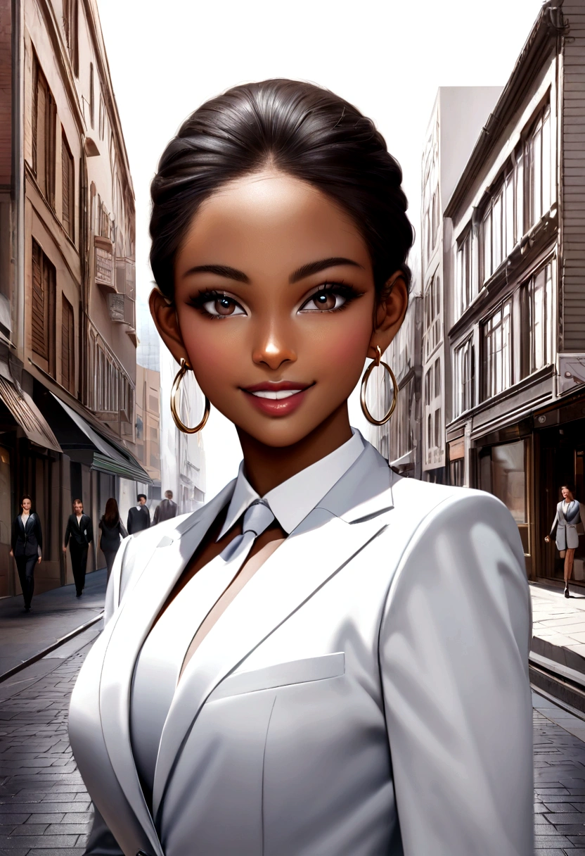 Ultra-realistic image of a smiling black woman in a white suit and gold hoop earrings walking down a city street, a beautiful city black woman only, girl in a suit, the woman in a business suit, girl in a suit, wearing a white suit, young businesswoman, ultra-realist, photo of a black woman, wearing a futuristic white suit, Meticulously portrait wearing a business suit, wearing a business suit, businesswoman, looking straight at camera outdoors business portrait, wearing a light blue suit