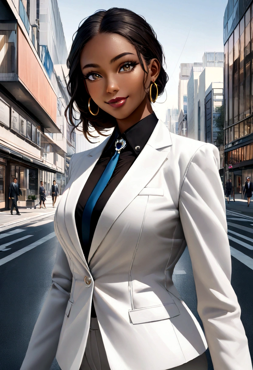 Ultra-realistic image of a smiling black woman in a white suit and gold hoop earrings walking down a city street, a beautiful city black woman only, girl in a suit, the woman in a business suit, girl in a suit, wearing a white suit, young businesswoman, ultra-realist, photo of a black woman, wearing a futuristic white suit, Meticulously portrait wearing a business suit, wearing a business suit, businesswoman, looking straight at camera outdoors business portrait, wearing a light blue suit