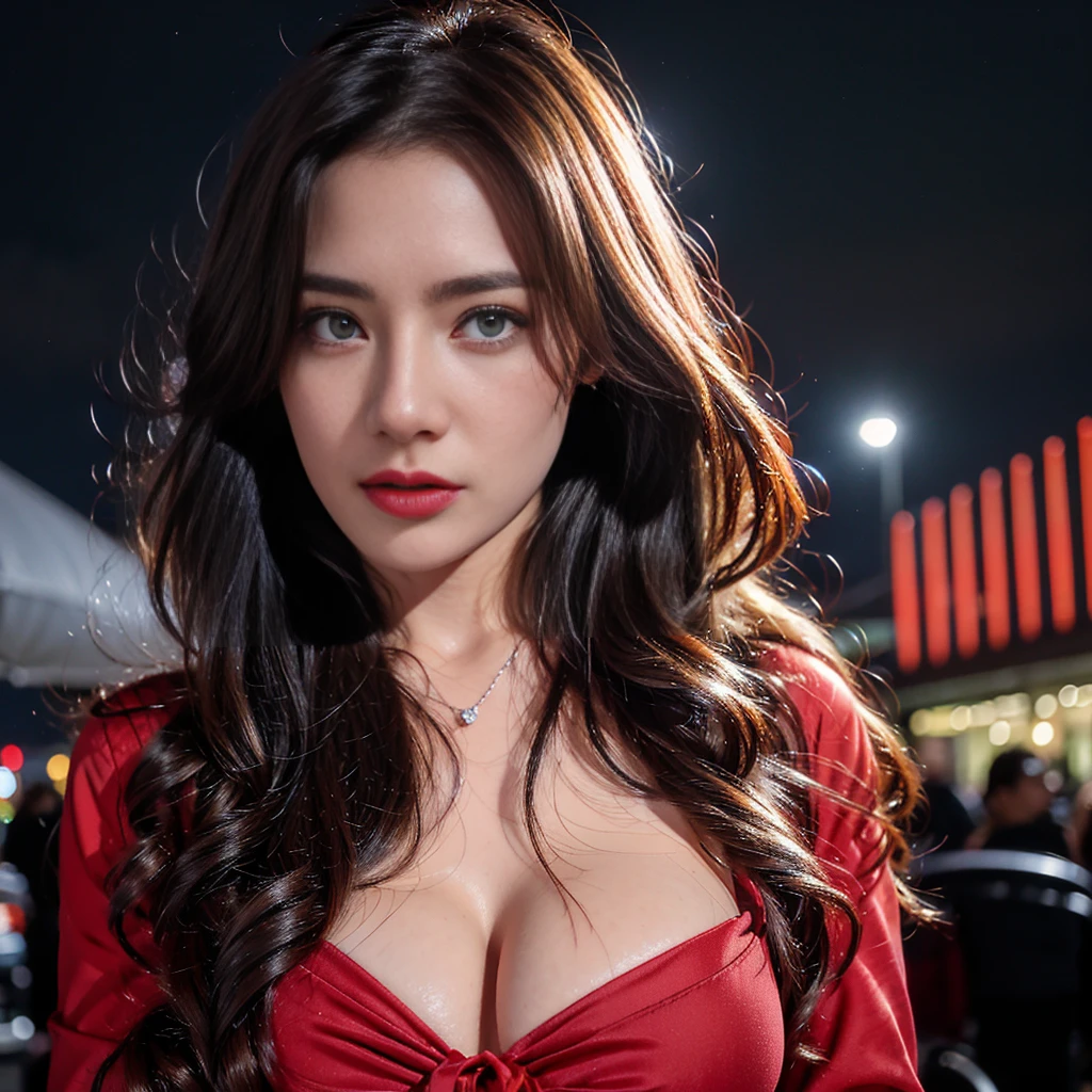 masterpiece, best quality,, sexy women, (colorful),(finely detailed beautiful eyes and detailed face),cinematic lighting,bust shot,extremely detailed CG unity 8k wallpaper,wavy hair,solo,angry face,red dress,((flying petal)), sky, cloudy_sky, building, moonlight, moon, night, (dark theme:1.3), light, fantasy,
