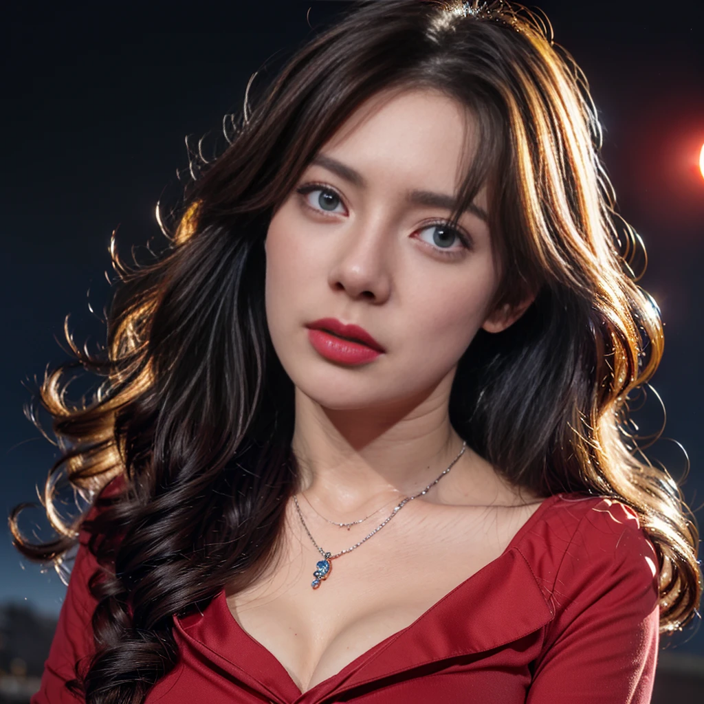 masterpiece, best quality,, sexy women, (colorful),(finely detailed beautiful eyes and detailed face),cinematic lighting,bust shot,extremely detailed CG unity 8k wallpaper,wavy hair,solo,angry face,red dress,((flying petal)), sky, cloudy_sky, building, moonlight, moon, night, (dark theme:1.3), light, fantasy,