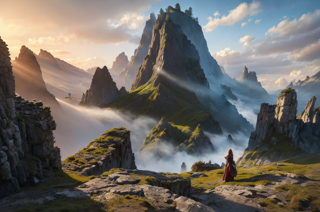 a detailed fantasy landscape, enchanted forests, majestic mountains, inspired by tolkien, in the style of john howe, ruins, ruined fortress, best quality, 4k, 8k, highres, masterpiece:1.2, ultra-detailed, realistic, photorealistic, photo-realistic:1.37, hdr, uhd, studio lighting, ultra-fine painting, sharp focus, physically-based rendering, extreme detail description, professional, vivid colors, bokeh, cinematic