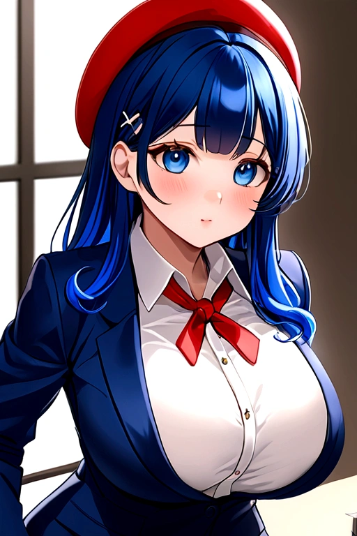 a brunette, with white hair and super long sapphire blue locks, bright blue eyes, He wears a red beret and an office suit, one lens, wears a rabbit-like hair clip, She is very shy and super cute, with big breasts and hips.
