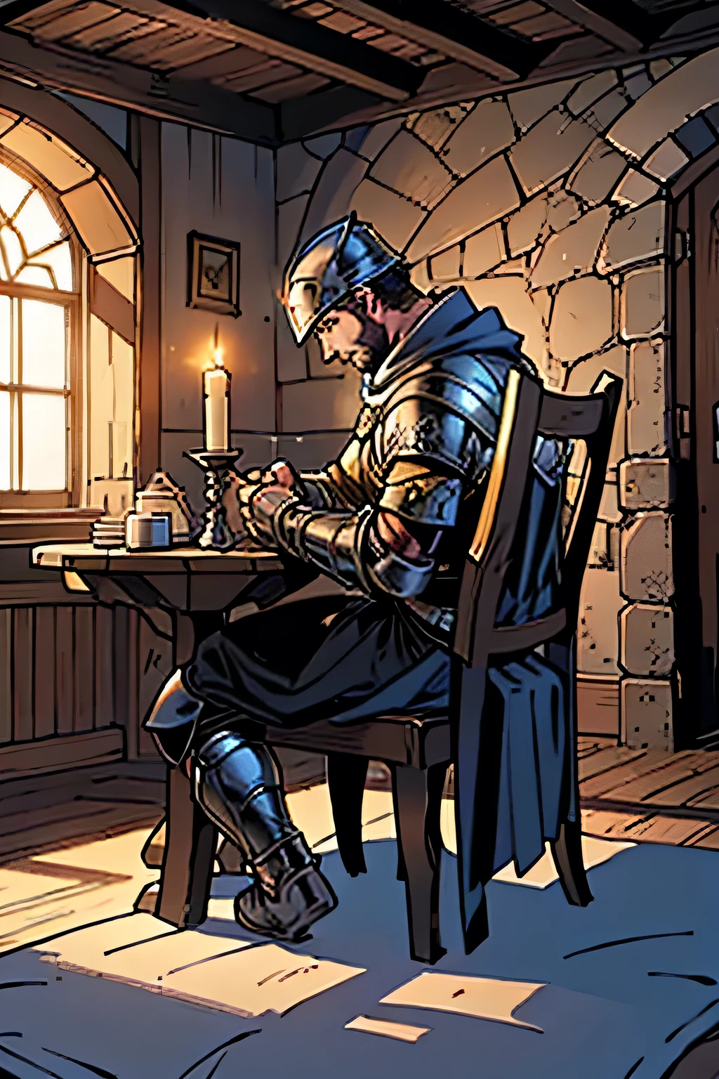 Create an image of a helmetless knight wearing detailed armor. He is kneeling in the center of the scene, the scene takes place in a modest and cozy room in a medieval fortress. To the knight's right is a simple bed with neat linen sheets and a wool blanket. On the left, a sturdy wooden table with a rustic-style chair. On the table, there is an open bible, illuminated by the soft light of a lit candle, casting dancing shadows on the stone walls.