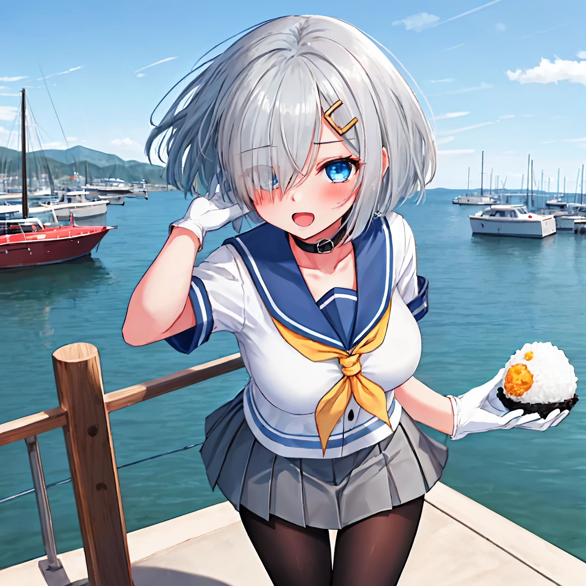 best quality, masterpiece, highres, solo, {hamakaze_kantaicollection:0.90}, 1girl, ,younger_,black_pantyhose, pleated_skirt, serafuku, short_sleeves, simple_background, white_background, yellow_neckerchief, white_gloves, looking_at_viewer, grey_skirt, blush, eyes_visible_through_hair, blue_sailor_collar, dynamic_posing,long_bangs,hair_over_one_eye,harbor_school_background,outdoor,large_breasts,onigiri,riceball,girl_eating_riceball,happy,open_mouth