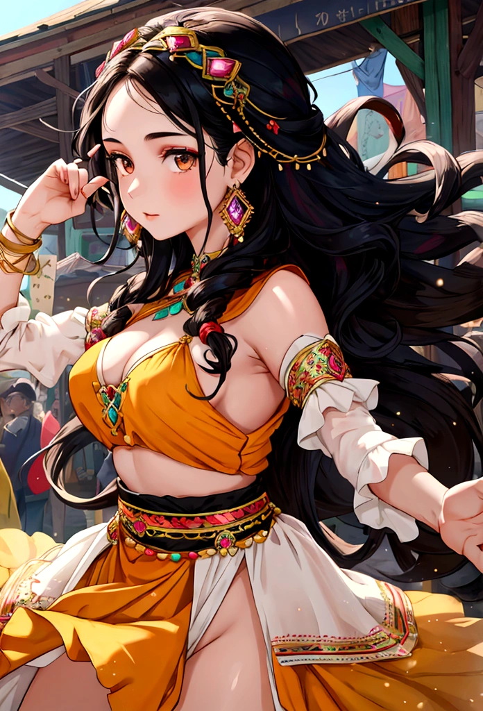1 girl , close up photography, shiny particles, only black hair, long curly hair, Brown eyes, pale skin, dressed as a gypsy with vibrant and varied colors, dancing action, market town