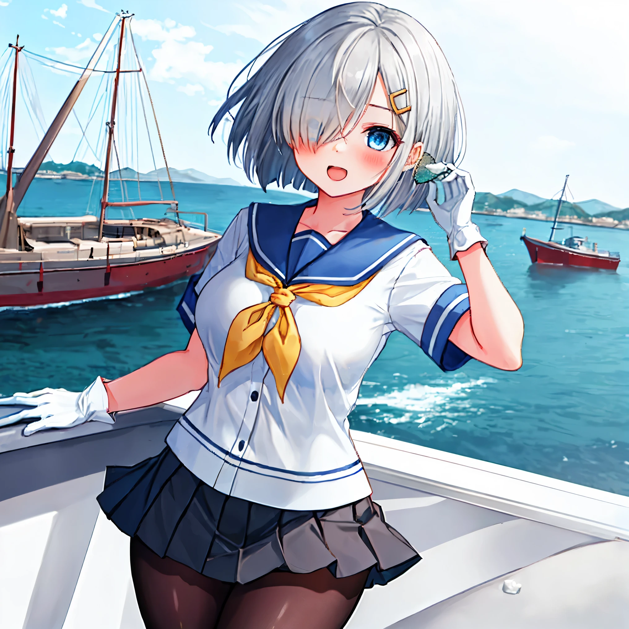 best quality, masterpiece, highres, solo, {hamakaze_kantaicollection:0.90}, 1girl, ,younger_,black_pantyhose, pleated_skirt, serafuku, short_sleeves, simple_background, white_background, yellow_neckerchief, white_gloves, looking_at_viewer, grey_skirt, blush, eyes_visible_through_hair, blue_sailor_collar, dynamic_posing,long_bangs,hair_over_one_eye,harbor_school_background,outdoor,large_breasts,onigiri,riceball,girl_eating_riceball,happy,open_mouth