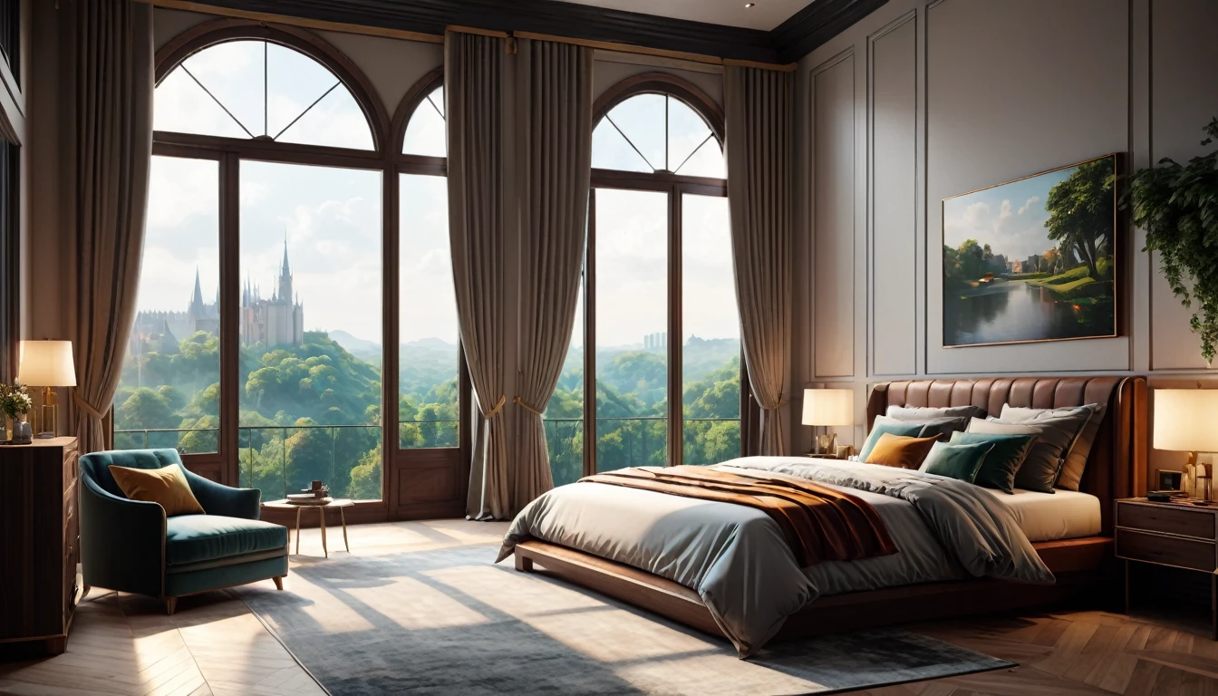 Realistic style of a bedroom with large windows, cinematic composition, trending on Artstation.Highest quality,masterpiece