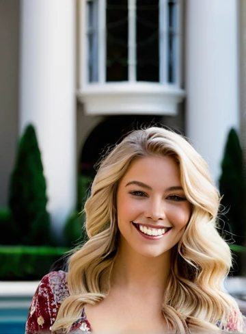 rich young woman; mansion; wavy blonde; smiling