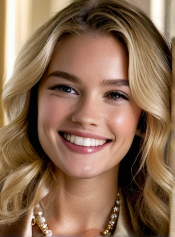 rich young woman; mansion; wavy blonde; smiling
