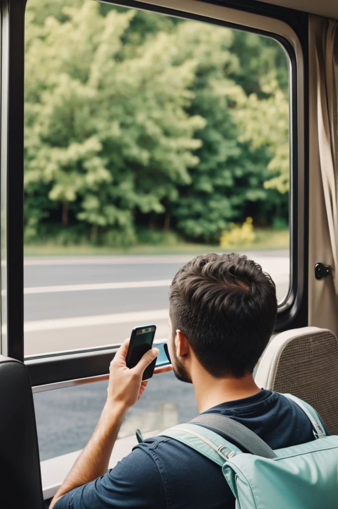 Create an image of a foreigner watching a travel app on their cell phone