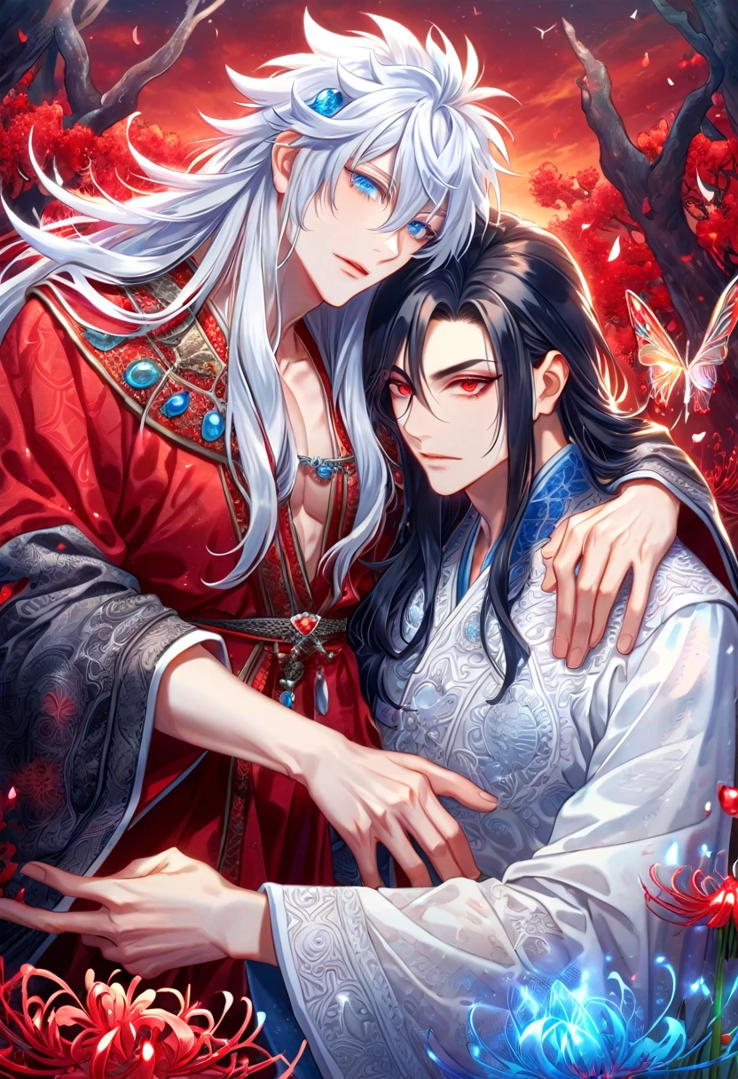 absurdres, highres, ultra detailed, HDR, master piece, best quality, extremely detailed face, delicated features, Xue Yu, untamed spiky hair, black hair, long hair, hair between the eyes, expressive red eyes, Thousand Years War, Gojou Satoru, white hair, expressive blue eyes, two sexy men together, gay couple, yaoi, handsome, toned chest, black cape, red robes, white robes, accessories, patterns, red sky, red butterflies, red spider lilies, fantasy, magic, envy magical, garden