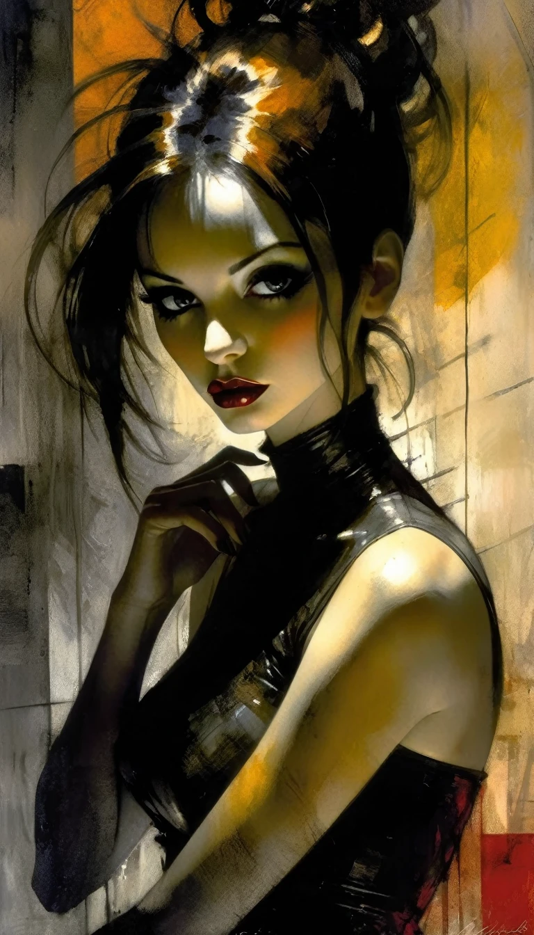 , sexy girl, elegant, Black and white image, chiaroscuro, sensual, dramatic lighting, moody atmosphere, photorealistic, intricate details, masterpiece, ultra-detailed, high quality, 8k, best quality, realistic, cinematic, dark and brooding, expressionistic, powerful composition, emotional impact (art inspired in Bill Sienkiewicz). oil painting)